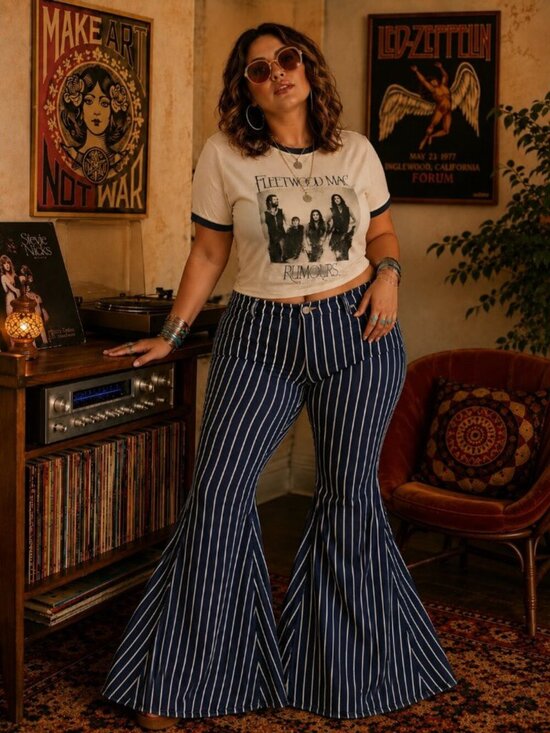 Denim - Plus size Lucky & Blessed Navy and White Striped Flare Pants